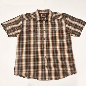 PrAna Mens Shirt XX Large Brown Tan Plaid Button Up Logo Pockets Short Sleeve